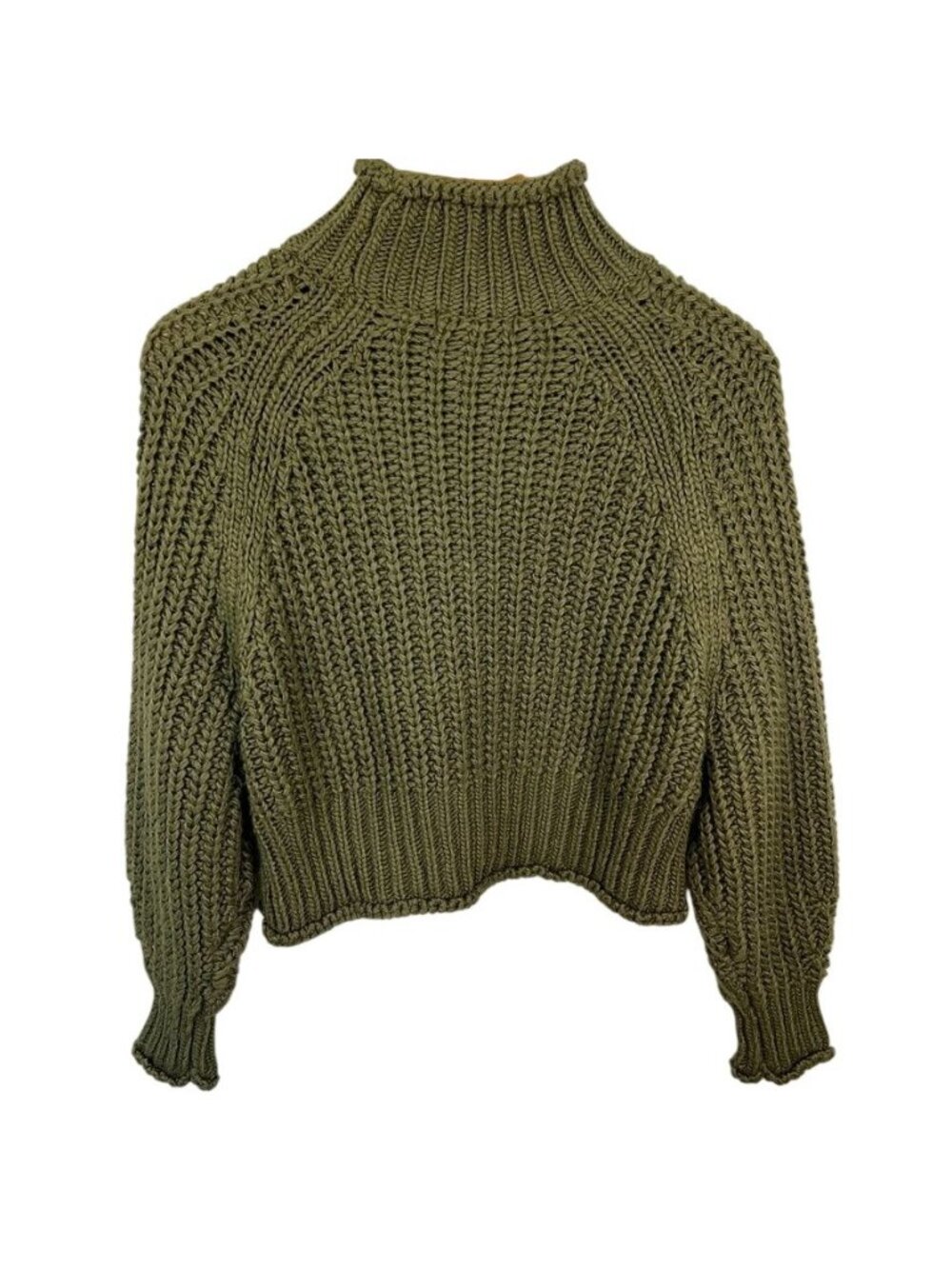 Chunky Knit Roll Neck Sweater XS Olive Green Cropped Fisherman Balloon Sleeve - Picture 3 of 11